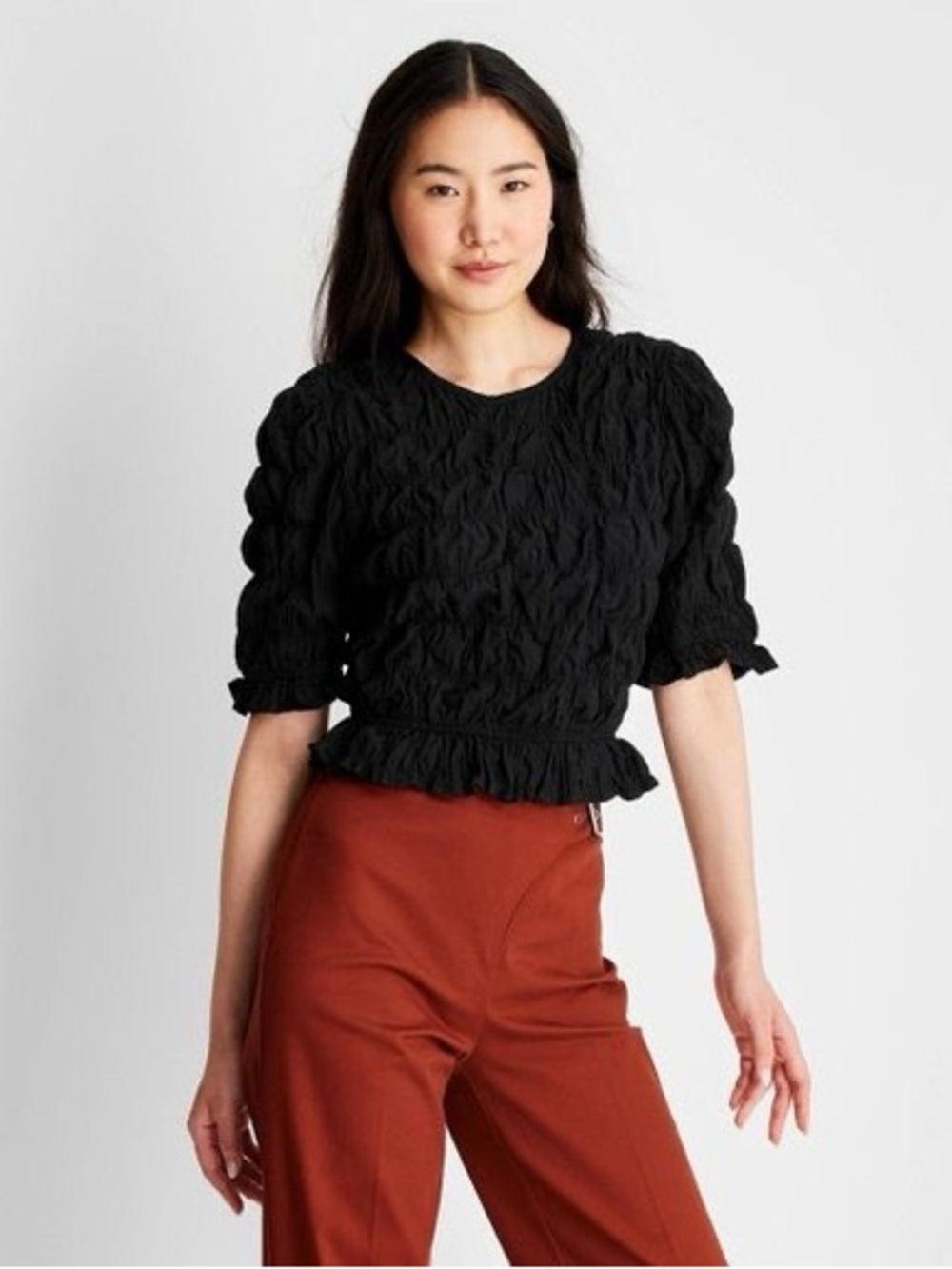 Future Collective Ruffle Textured Top / Black / XL / Back Neck Tie / Feminine